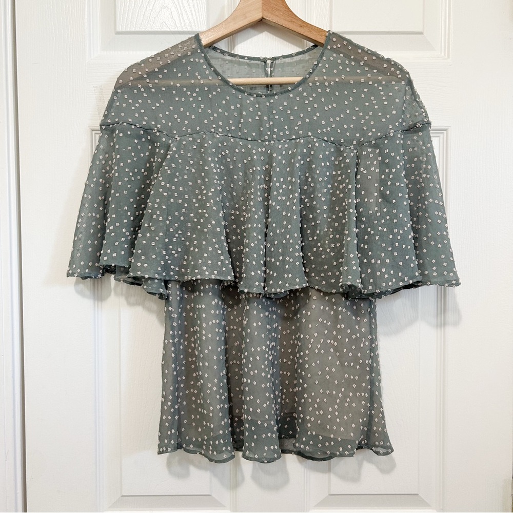 Prose and Poetry Small Sage Polka Dot Ruffle Blouse